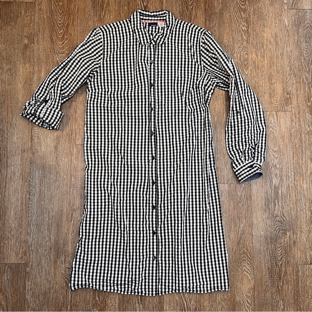 Basic Editions Gingham Shirt Dress Navy White Long Sleeve Midi | Size: Medium